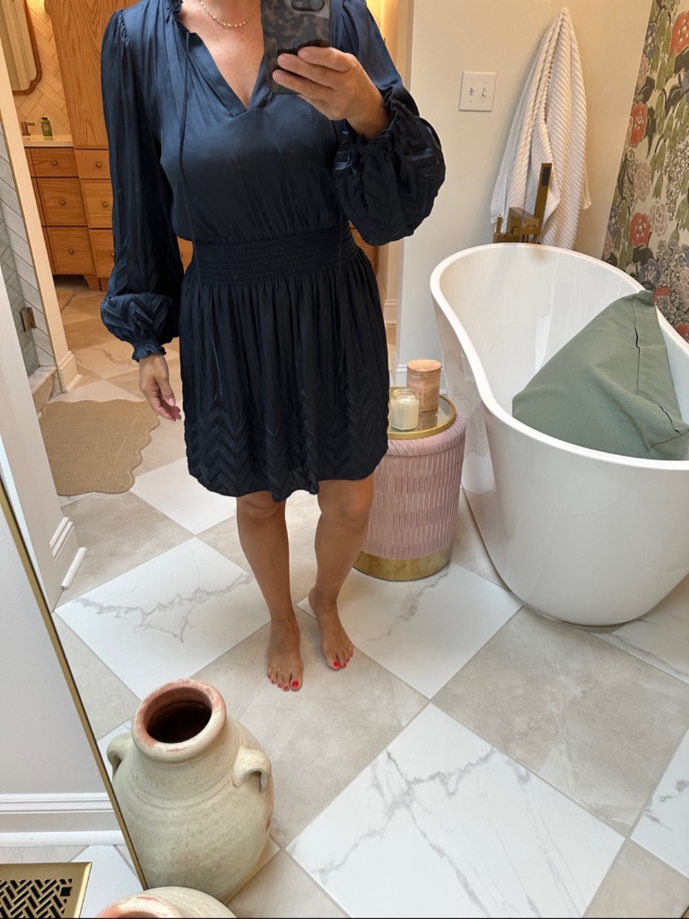 Current Air Black Long Sleeve V-Neck Smocked Waist Dress